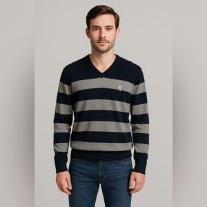 Express Men’s Striped Sweater M VTG Y2K V-Neck Rugby Knit Pullover Preppy